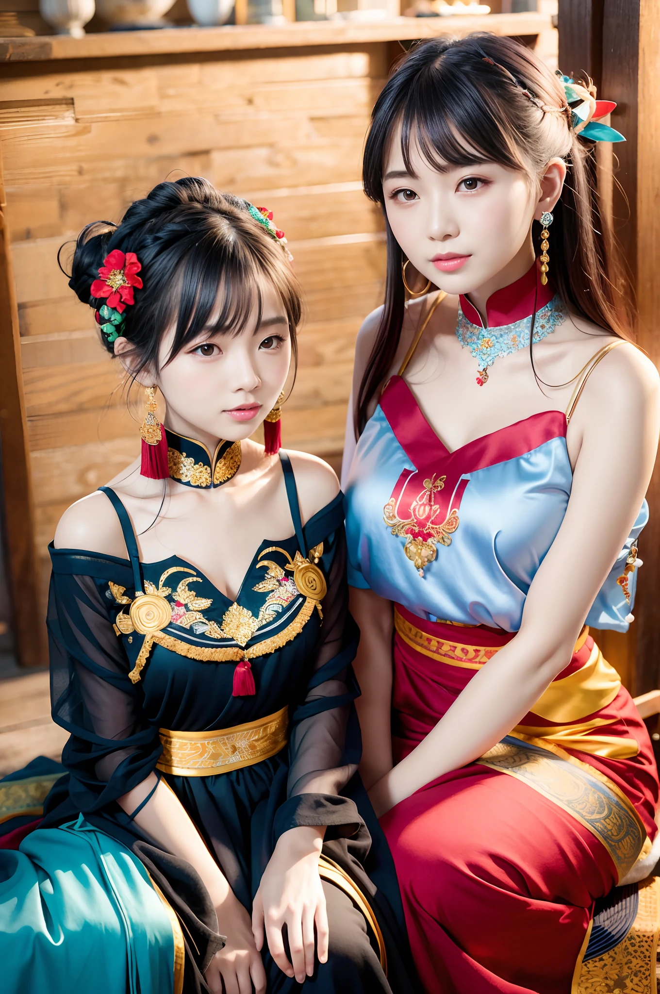 Two asian women in costumes sitting on a bench - SeaArt AI