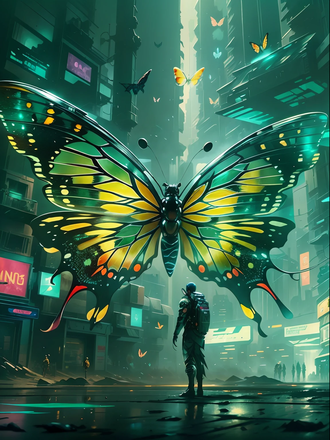 Mariposa mecánica etérea translúcida.，El futuro rey de las alas mecánicas de mariposa.，fondo urbano futurista，Hermoso arte de ciencia ficción, Ilustración de arte digital de ciencia ficción., arte ciberpunk digital, pintura digital de ciencia ficción, pintura digital futurista, arte conceptual futurista, frente a un paisaje urbano de ciencia ficción, arte digital de ciencia ficción, Arte ciberpunk digital avanzado, Magical cyberpunk butterfly