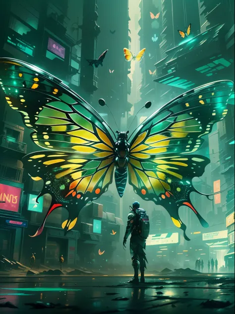 Translucent ethereal mechanical butterfly，The future king of butterflies，Mechanical wings，futuristic urban background，Beautiful ...