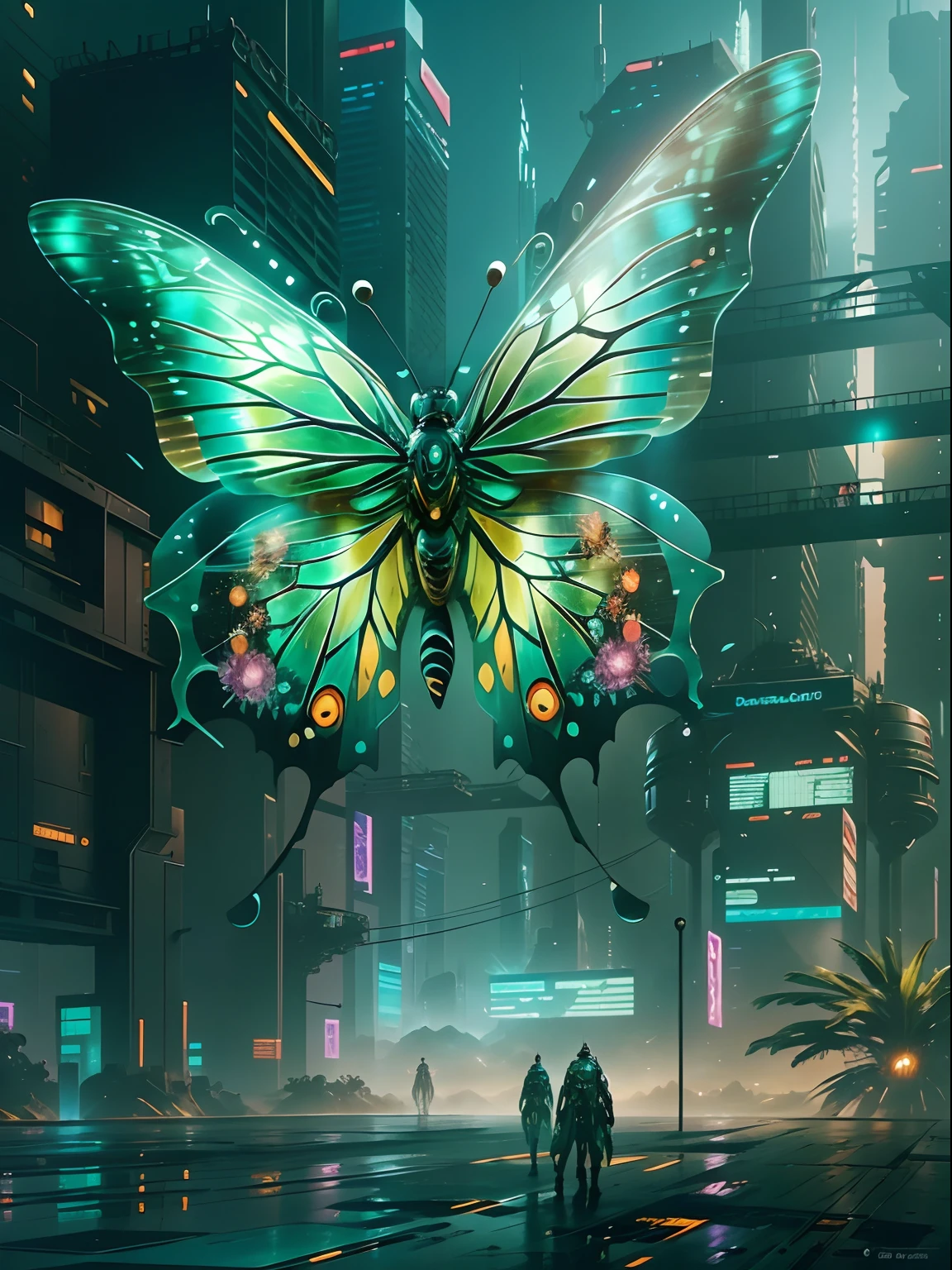 半透明で幻想的な機械の蝶，蝶の機械翼の未来の王者，未来的な都市の背景，美しいSFアート, SFデジタルアートイラスト, デジタルサイバーパンクアート, サイエンスフィクションデジタルペインティング, 未来的なデジタルペインティング, 未来的なコンセプトアート, SF都市風景の前で, サイエンスフィクションデジタルアート, 高度なデジタルサイバーパンクアート, 魔法のサイバーパンク蝶