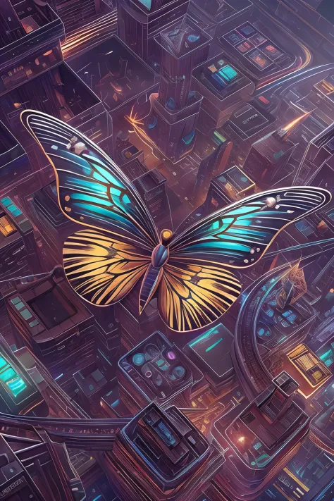 CircuitBoardAI butterfly close-up，The background is lightning, radiated butterfly,  butterfly in starry sky，Futuristic sci-fi bu...