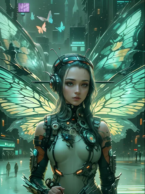 Translucent ethereal mechanical butterfly，The future king of butterflies，Mechanical wings，futuristic urban background，Beautiful ...