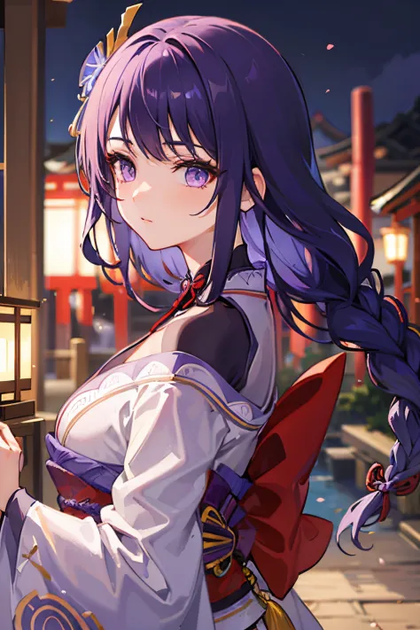 Raidenshogundef, long purple hair, feminine kimono, face focus, dynamic shadows, dynamic lighting, dynamic view, beautiful femin...