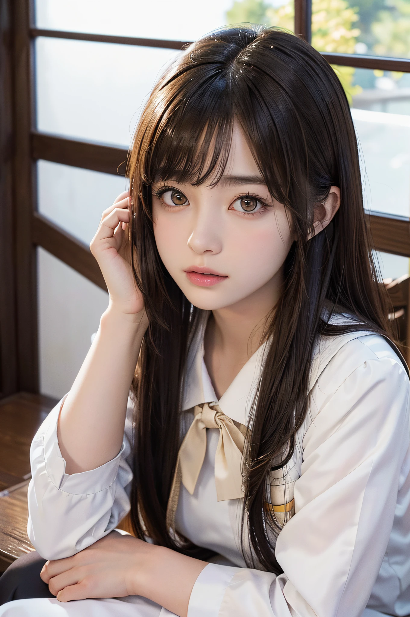 (Raw photo:1.2), (Photottorial,:1.4), a beautiful detailed girl, extremely detailed eye and face, beatiful detailed eyes, Ridiculous, unbelievable Ridiculous, huge filesize, ultra-detailliert, hight resolution, ighly detailed, best qualtiy, masuter piece, , Kemomimi, ((Japan Girls' High School Uniform)),, ighly detailed, UHQ, unification, 8k wallpaper, magnifica, finely detail, masuter piece,, best qualtiy, Highly detailed UHQ uniform 8k wallpaper, Light on the face、电影灯光、16yo girl、((dynamicposes))、(half)、(panthyhose、、、、)、(Sit on your legs with your knees bent))、shorth hair、long neck、Put your ears out、bangss、big eye、Lashes、cute little、a very cute