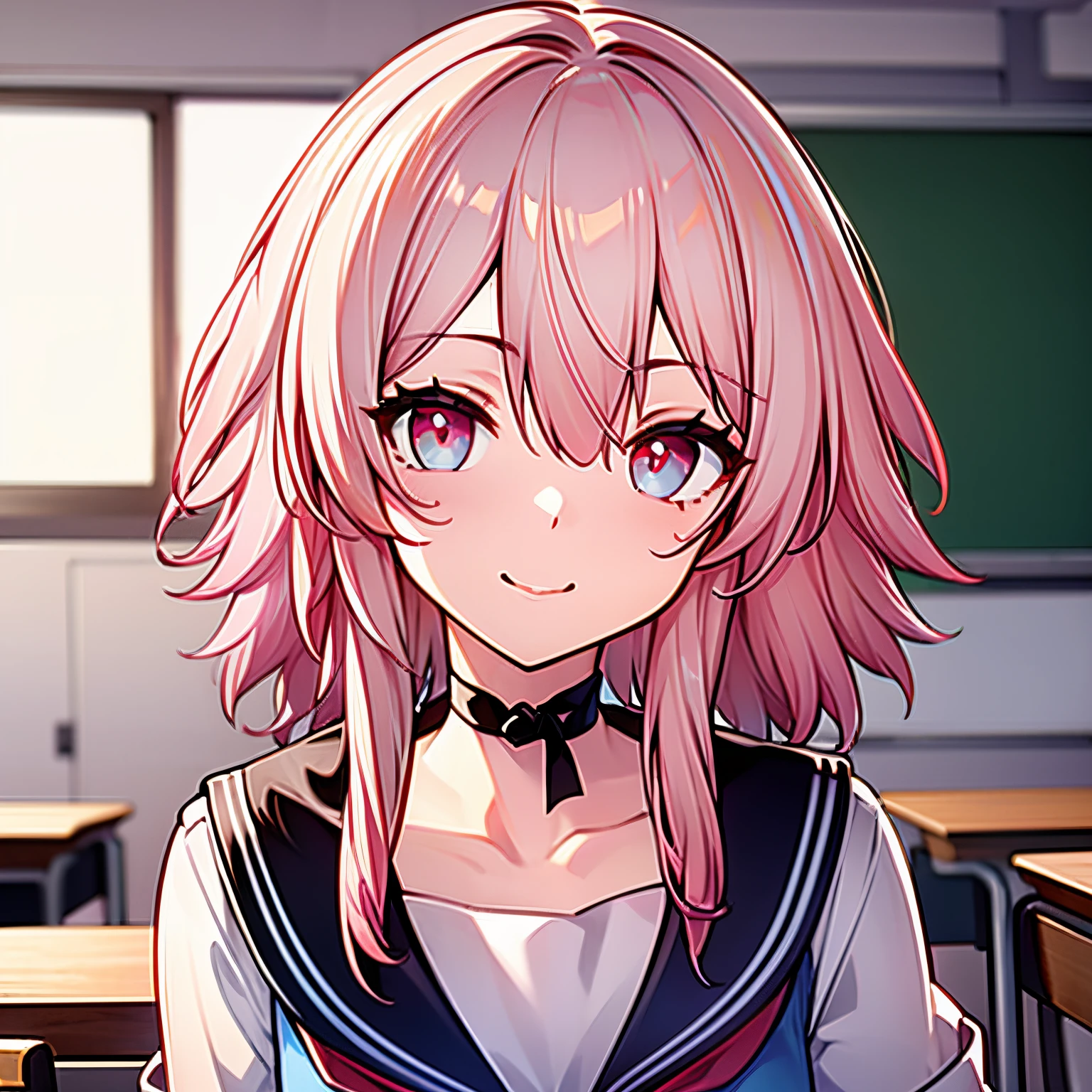 March7thdef, winking, face focus, blurred background, face focus, classroom, depth of view, cute school uniform, kawaii, short hair