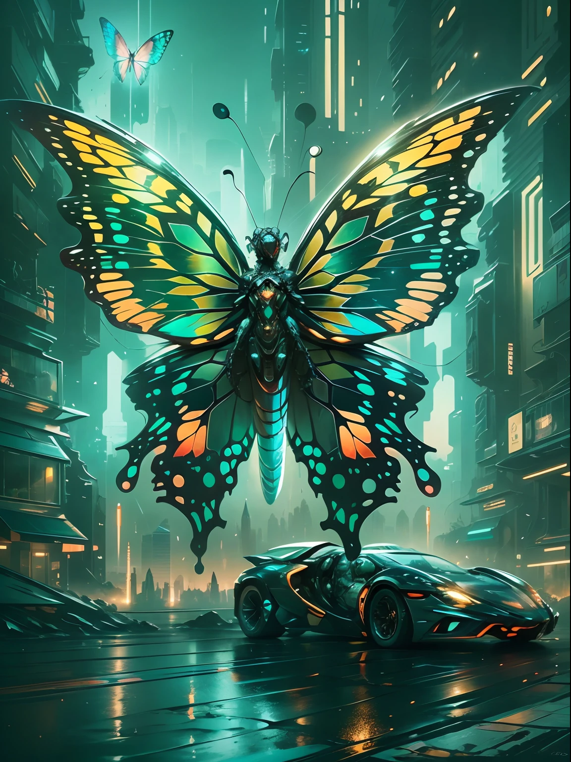 Mariposa mecánica etérea translúcida.，El futuro rey de las alas mecánicas de mariposa.，fondo urbano futurista，Hermoso arte de ciencia ficción, Ilustración de arte digital de ciencia ficción., arte ciberpunk digital, pintura digital de ciencia ficción, pintura digital futurista, arte conceptual futurista, frente a un paisaje urbano de ciencia ficción, arte digital de ciencia ficción, Arte ciberpunk digital avanzado, Magical cyberpunk butterfly