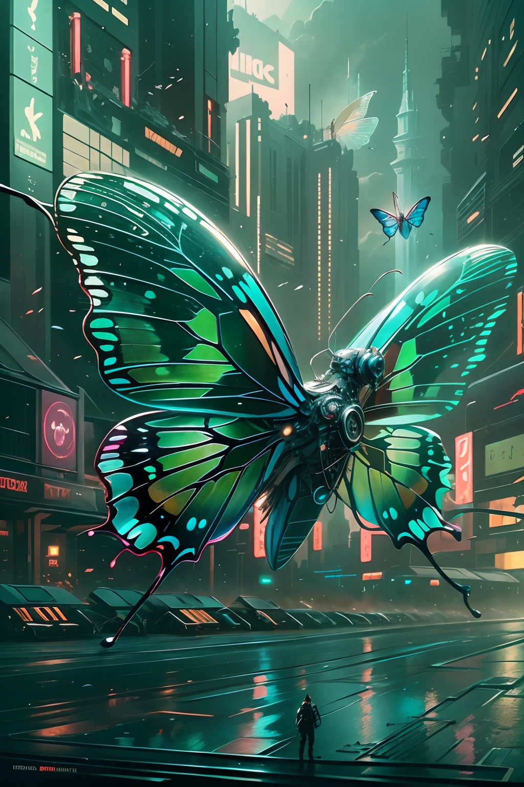 Translucent ethereal mechanical butterfly，The future king of butterflies，Mechanical wings，futuristic urban background，Beautiful sci-fi art, Sci-fi digital art illustration, Digital Cyberpunk Art, science fiction digital painting, futuristic digital painting, futuristic concept art, in front of a sci fi cityscape, science fiction digital art, Advanced digital cyberpunk art, Magical cyberpunk butterfly