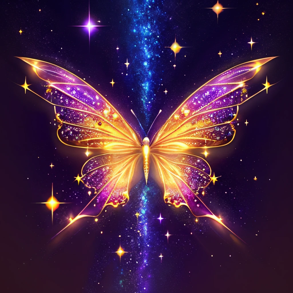 hyper HD, super detailing, Best quality at best, high detal, 1080p, 16k, A high resolution，Butterfly close-up，Butterfly with sparkling surface, amazing symmetrical wings, Magic Crystal Butterfly, Magic butterfly with diamonds, purple sparkles, gold and purple, butterfly bright,, Sparkling gold butterfly, glowing purple, The background is the mysterious cosmic starry sky, butterfly photography, Gemstones and yellow gold rings，(The best illustrations)，(The best shadow)，isometric 3D.octaneratingrendering，Hyper-realistic