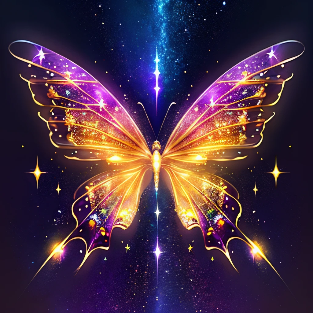 hyper HD, super detailing, Best quality at best, high detal, 1080p, 16k, A high resolution，Butterfly close-up，Butterfly with sparkling surface, amazing symmetrical wings, Magic Crystal Butterfly, Magic butterfly with diamonds, purple sparkles, gold and purple, butterfly bright,, Sparkling gold butterfly, glowing purple, The background is the mysterious cosmic starry sky, butterfly photography, Gemstones and yellow gold rings，(The best illustrations)，(The best shadow)，isometric 3D.octaneratingrendering，Hyper-realistic