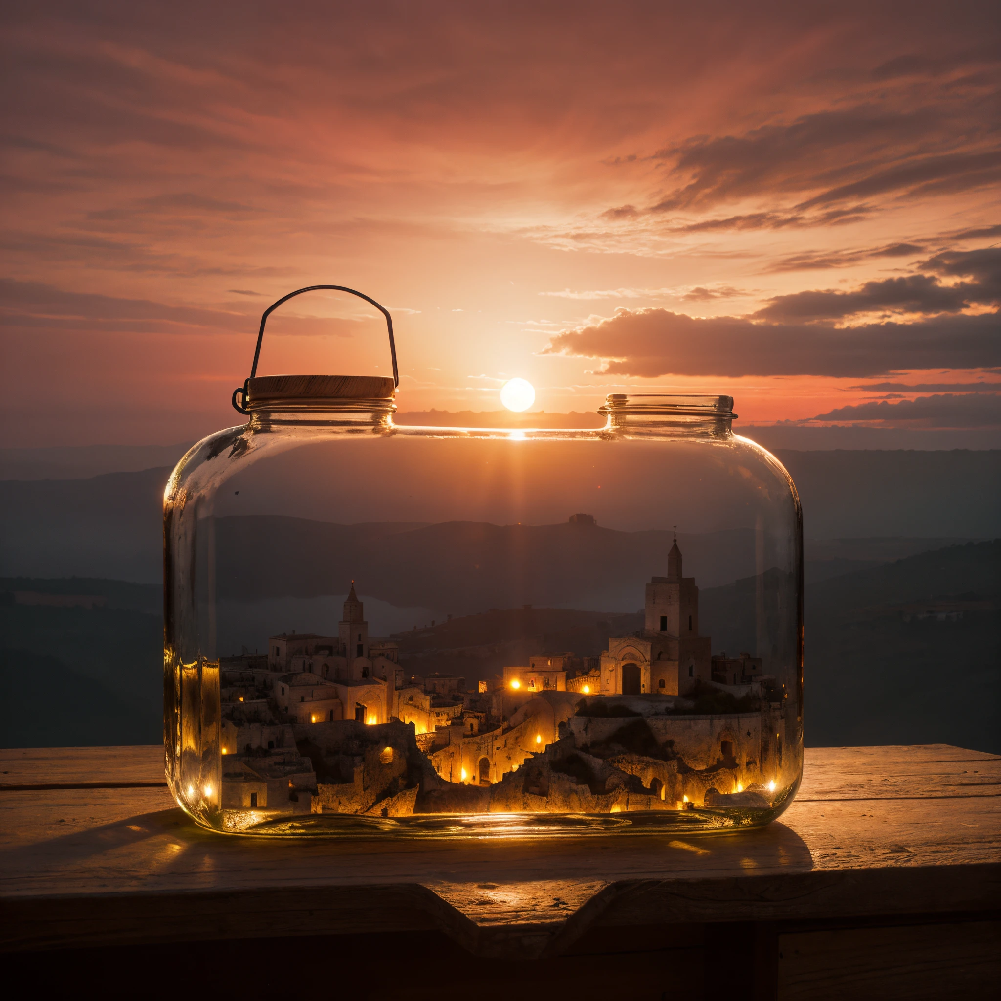 (Eine komplizierte Miniaturstadtlandschaft von Matera, gefangen in einem Glas mit Deckel), stimmungsvolle Oliva-Beleuchtung, auf einem weißen Schreibtisch, 4k UHD, dunkle Schwingungen, Hyperdetailliert, lebendige farben rot himmel hintergrund, Epische Komposition, octane render, scharfer Fokus, hochauflösende isometrische, Nahaufnahme.