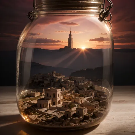 (An intricate minitown Matera landscape trapped in a jar with cap), atmospheric oliva lighting, on a white desk, 4k UHD, dark vi...