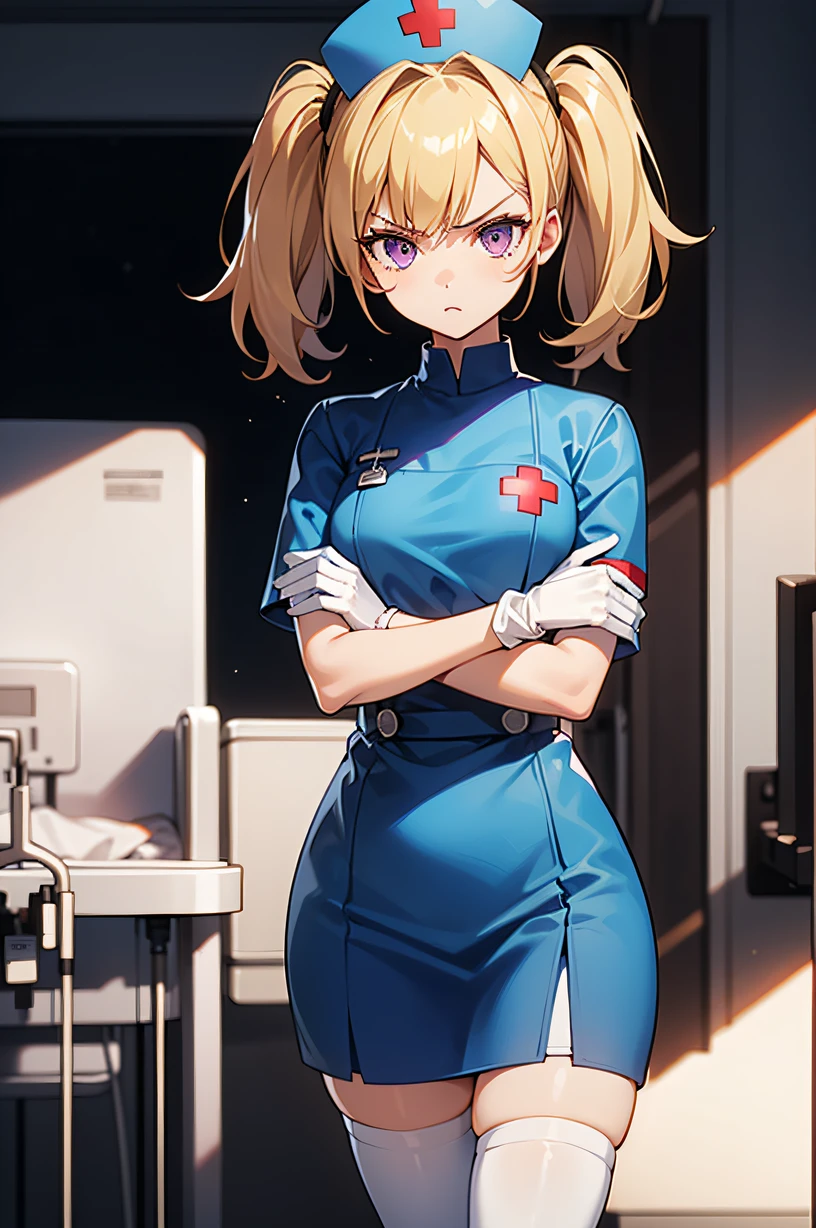 1girl, solo, nurse, nurse cap, white wear, ((white legwear, zettai ryouiki)), white gloves, twintails, yellow hair, purple eyes, angry, crossed arms, standing, ((hospital room)), sharp outline, short sleeves, best quality, masterpiece