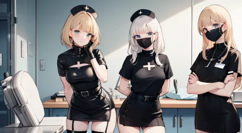 black nurse, femele,, black nurse cap, black wear, have a surgical scalpel、((black legwear, zettai ryouiki)), black elbow gloves...