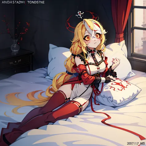 anime characters laying in bed with pillows and pillows on them, anime cover, girls resting, characters from azur lane, white-haired, anime girls, from arknights, anime visual, Charlie Morningstar, long hair, red suit, red pants, 1girl, yellow sclera, blon...