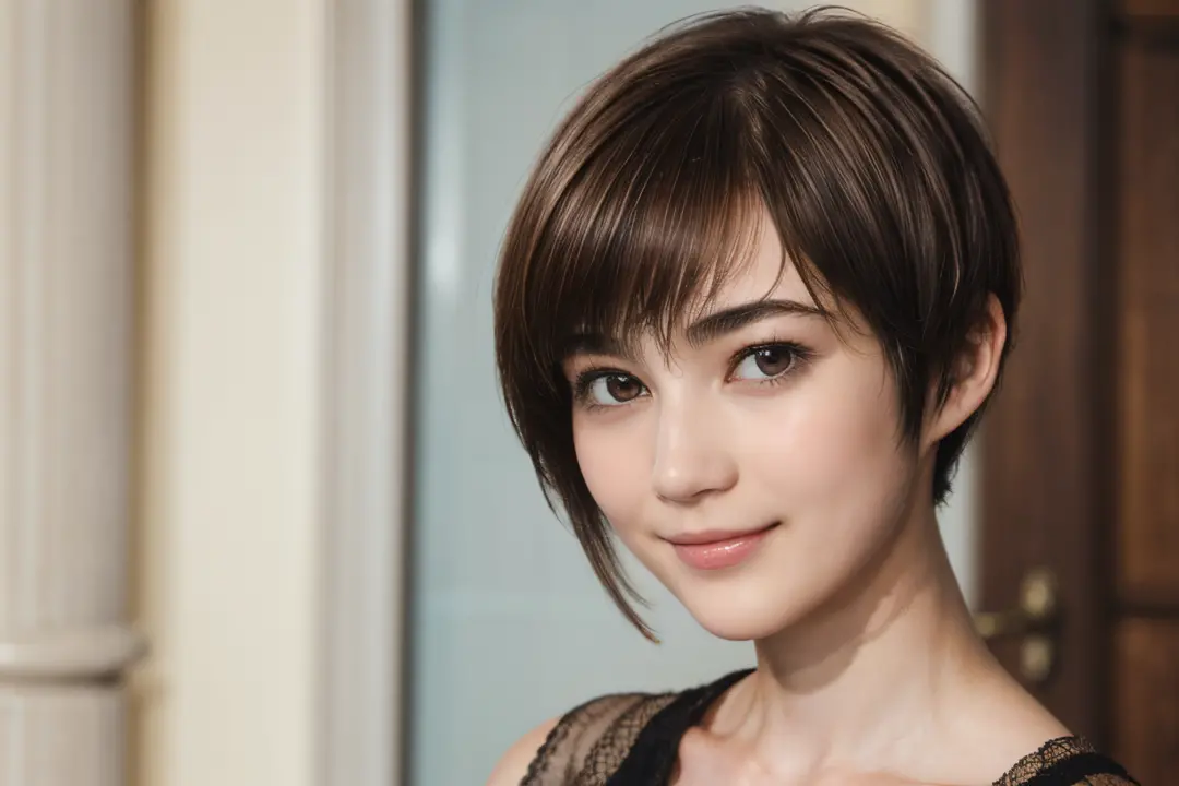 97
(a 20 yo woman,is standing), (a hyper-realistic), (high-level image quality), ((short-hair:1.46)), (hair smooth), (gentle smi...