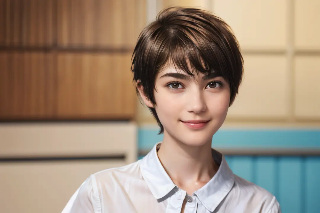 97
(a 20 yo woman,is standing), (a hyper-realistic), (high-level image quality), ((short-hair:1.46)), (hair smooth), (gentle smi...