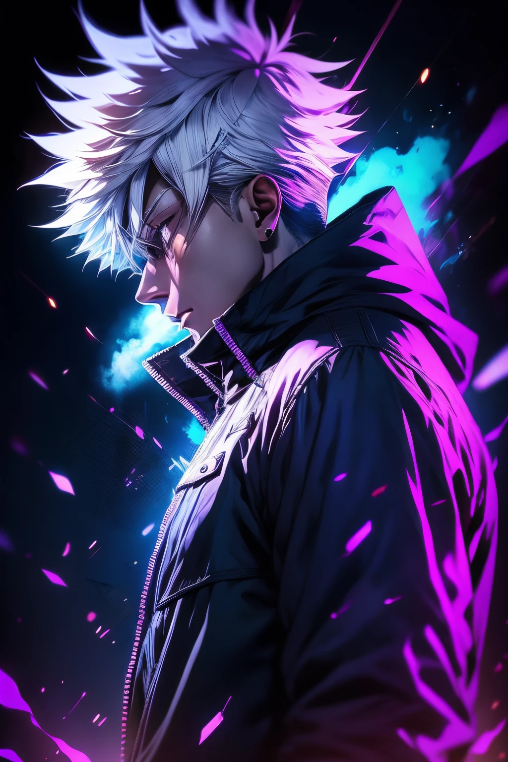 un hombre con cabello blanco y una chaqueta morada sosteniendo una espada, Arte cyberpunk inspirado en Munakata Shikō, tumblr, arte digital, Estilo artístico UFOTABLE, anime wallaper, foto de perfil 1024px, desencadenar estilo artístico anime, anime rudo 8k, Terror en tokyo, Fondo de pantalla animado 4k, jujutsu-kaisen, Gojo Satoru,