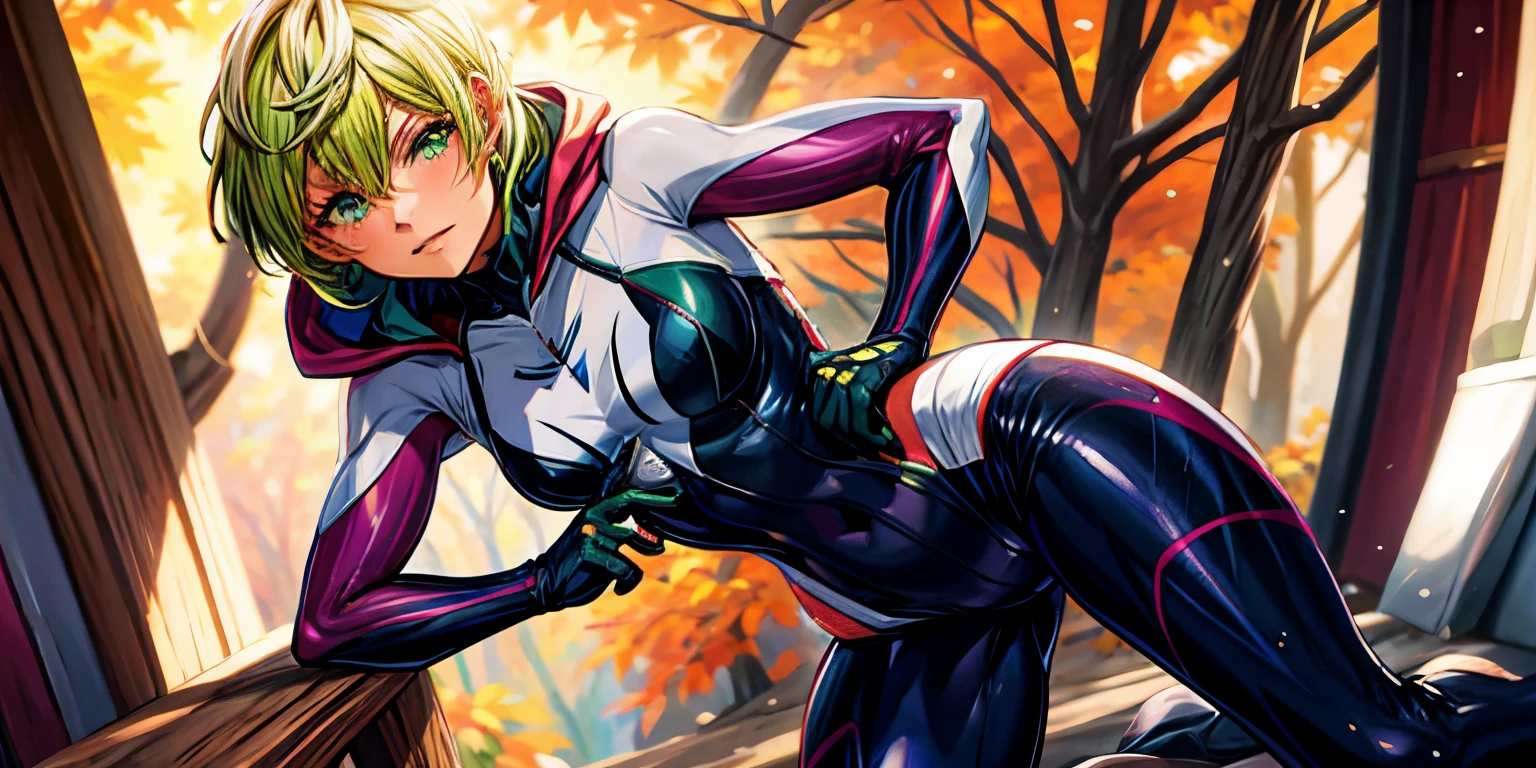 short hair, green hair, multicolored hair, large breasts, hooded bodysuit, spidergwen, autumn_leaves, autumn, detailed skin texture, (blush:0.5), (goosebumps:0.5), subsurface scattering, "RAW candid cinema, 16mm, color graded portra 400 film, remarkable color, ultra realistic, textured skin, remarkable detailed pupils, realistic dull skin noise, visible skin detail, skin fuzz, dry skin, shot with cinematic camera",