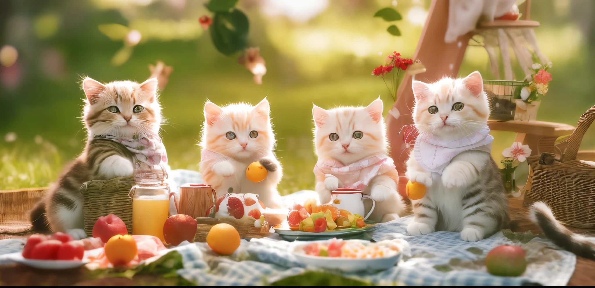 There are four kittens sitting on a picnic blanket with fruit and juice -  SeaArt AI