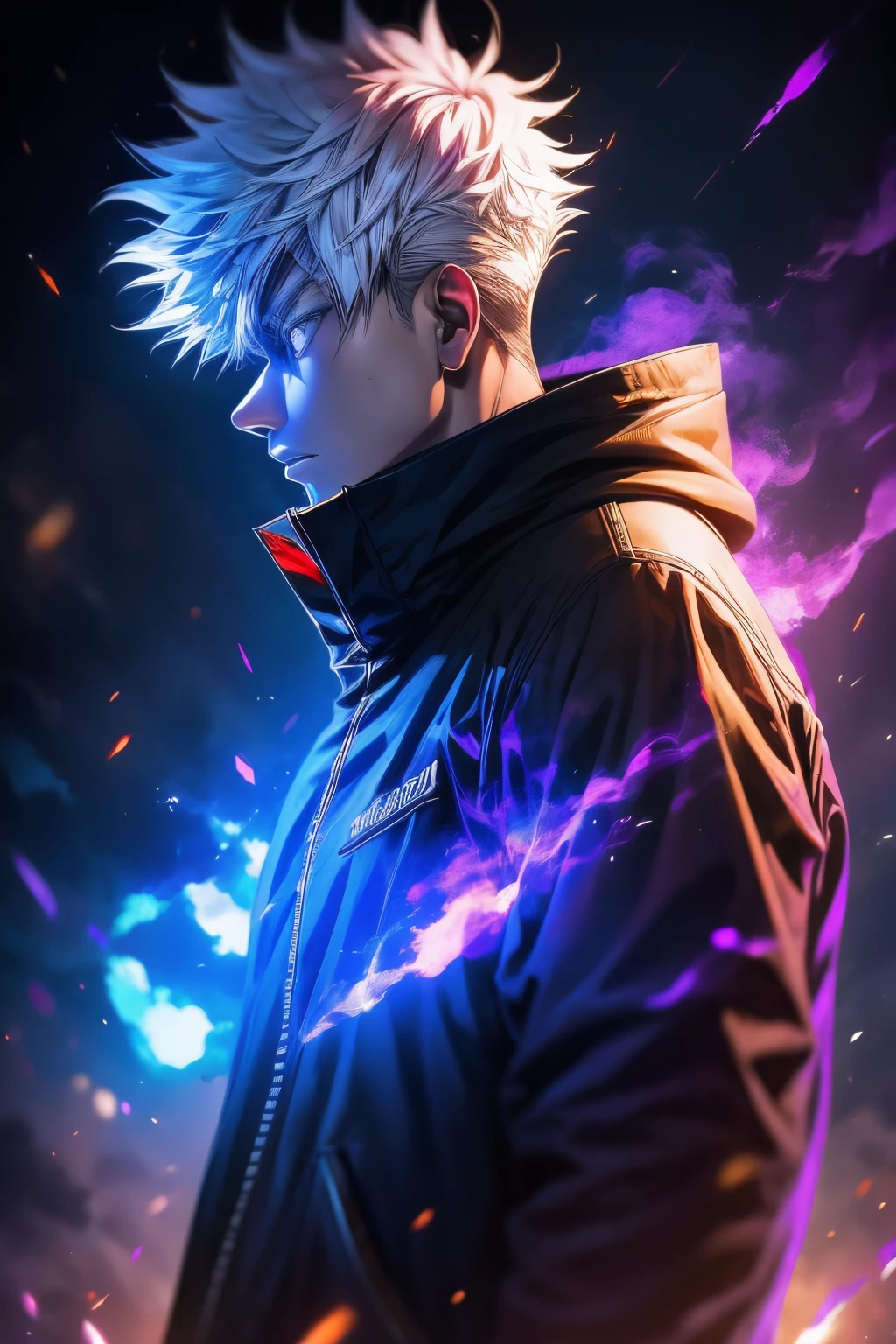 un homme aux cheveux blancs et à la veste violette tenant une épée, art cyberpunk inspiré de Munakata Shikō, tumblr, art numérique, style artistique ufotable, fond d&#39;écran animé, photo de profil 1024px, déclencher le style artistique d&#39;anime, anime dur à cuire 8 k, Goule de Tokyo, Fond d&#39;écran animé 4k, jujutsu kaisen, gojo satoru,