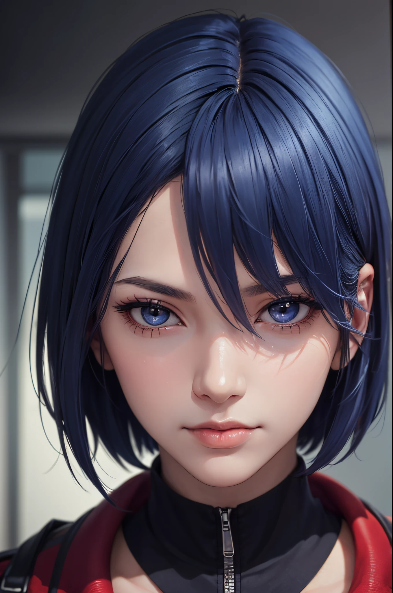 (Masterpiece,Detailed,hight resolution:1.4) , model shot, close up, Detailed Face, Thin, detailed eyes,, (Kirishima Touka),blue medium hair,The Eye of the Ghoul,Retro jacket,Tokyo Ghoul,Prehistory of retrofuturism, bright colours, HDR,, ,