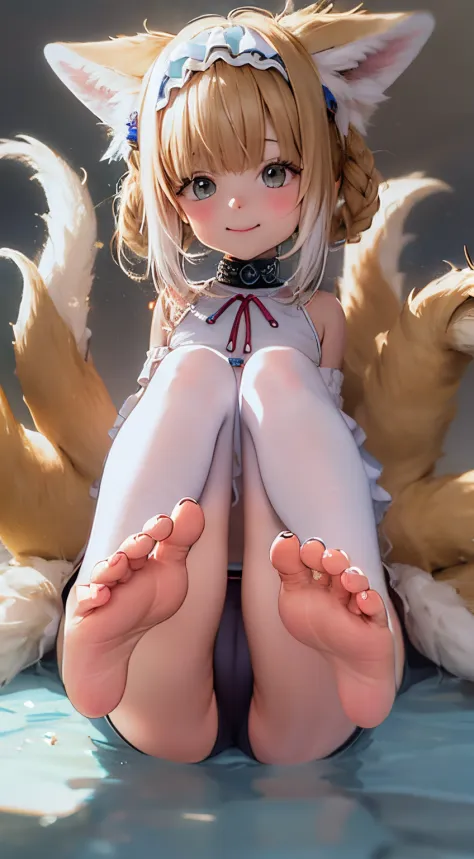 Ten year old loli pictures，Warm color palette，light  smile，Expose your navel，Metal anklet, feet posing, Looking from her feet to the middle, exposed toes, Very close shot of feet, Very close shot of feet, low field of view, Sexy feet, Detailed feet pov, Fe...