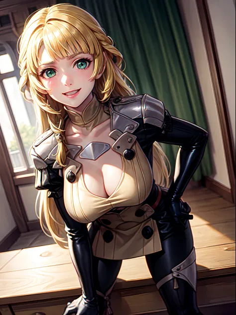 {{{very aesthetic}}}, {{{best quality}}}, {{{Ingrid Brandl Galatea}}}, fire emblem three houses, fire emblem, blonde hair, long hair, green eyes, {{{masterpiece}}}, {{{{8k image}}}}, best quality, {{high quality}},  detailed background, {{living room backg...