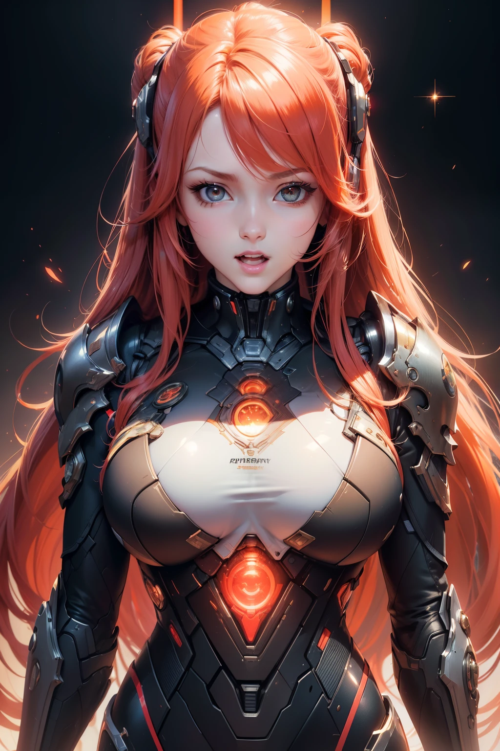 masterpiece, best quality, beautiful detailed hair detailed face, perfect feminine face, (happy:1.2), open mouth, (close-up potrait:1.2), face focus, a beautiful and cute warframe woman and glowing red hair, red neon lighting, (sci-fi cyberpunk bodysuit), (heavy armor), solo, 1girl, ahoge, side hair, very long hair, shiny skin, shiny foreheads, lens flare, sharp focus, volumetric lighting, trending on artstation, pixiv, by sakimichan, george kamitani, akira yasuda, alphonse mucha, greg rutkowski, gil elvgren, william-adolphe bouguereau