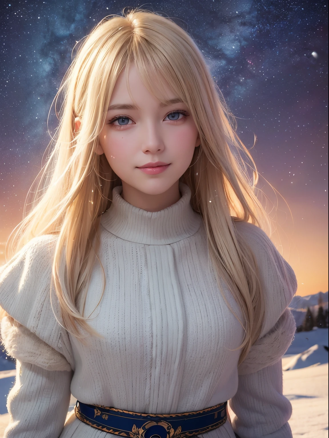 beautiful caucasian girl wearing trendy clothing, profile, perfect detailed face, medium lenght pose, smile, hyperdetailed painting, light blond hair, snow, frame the head, 8k resolution, realistic mucha, starry sky, sunset light, trending on artstation Isometric Centered hypereallistic cover photo awesome full color, paint dripping by tim okamura.