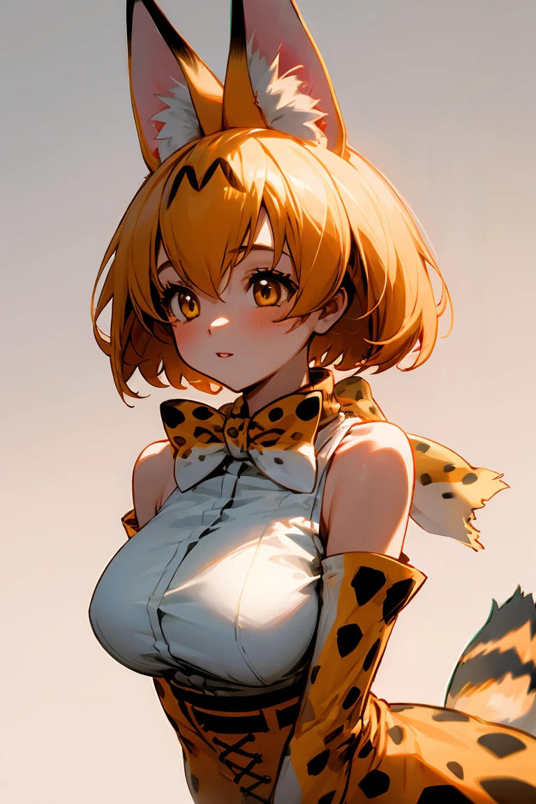 SERVAL, ANIMAL EARS, SHORT HAIR, SERVAL PRINT, TAIL, GLOVES, SHIRT, BOW, BOWTIE, ELBOW GLOVES, PRINT BOW, PRINT BOWTIE, SLEEVELESS, SKIRT, WHITE SHIRT, SLEEVELESS SHIRT, BARE SHOULDERS, large breasts, 1girl, solo, upper body