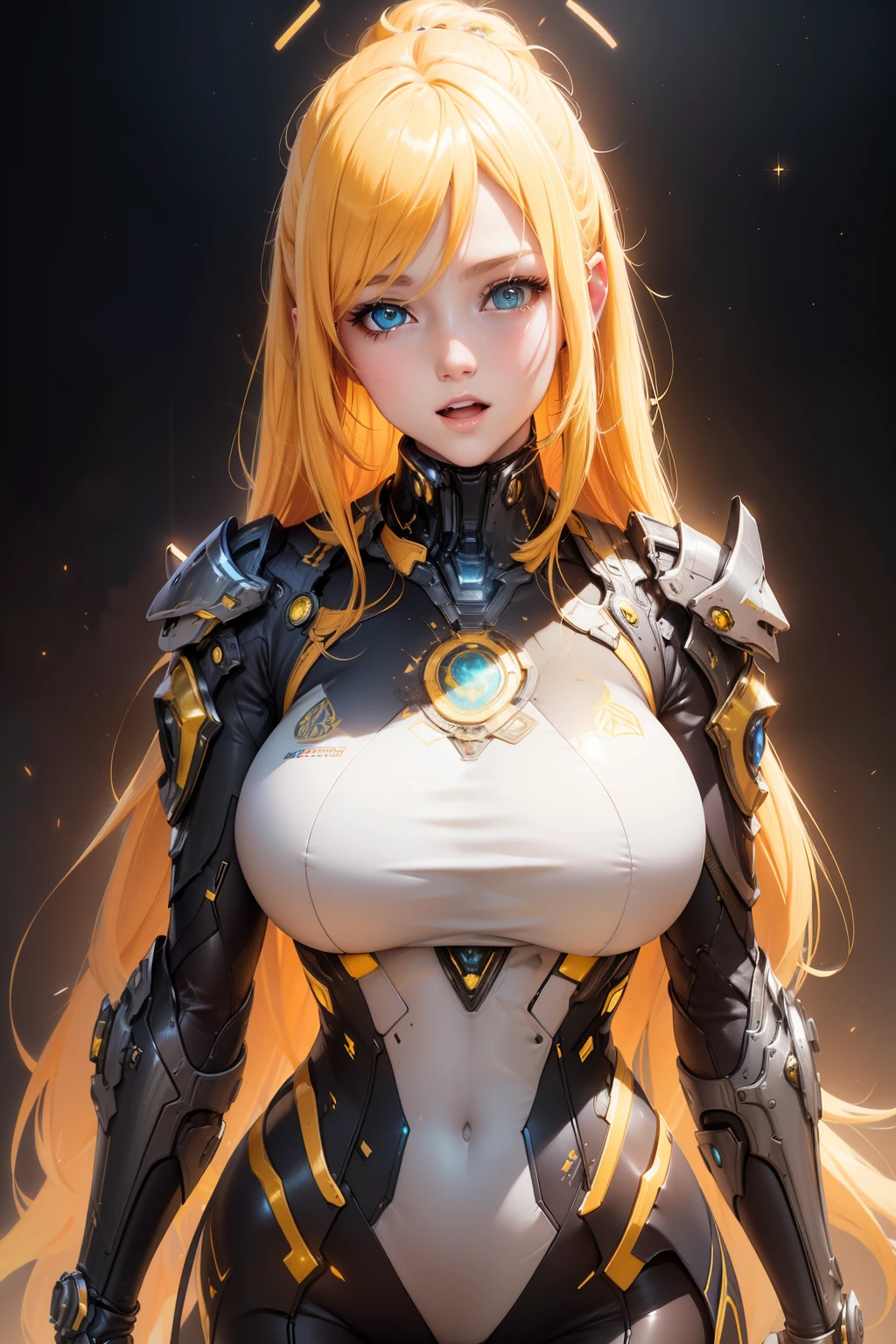 masterpiece, best quality, beautiful detailed hair detailed face, perfect feminine face, (happy:1.2), open mouth, (close-up potrait:1.2), face focus, a beautiful and cute warframe woman and glowing yellow hair, yellow neon lighting, (sci-fi cyberpunk bodysuit), (heavy armor), solo, 1girl, ahoge, side hair, very long hair, shiny skin, shiny foreheads, lens flare, sharp focus, volumetric lighting, trending on artstation, pixiv, by sakimichan, george kamitani, akira yasuda, alphonse mucha, greg rutkowski, gil elvgren, william-adolphe bouguereau