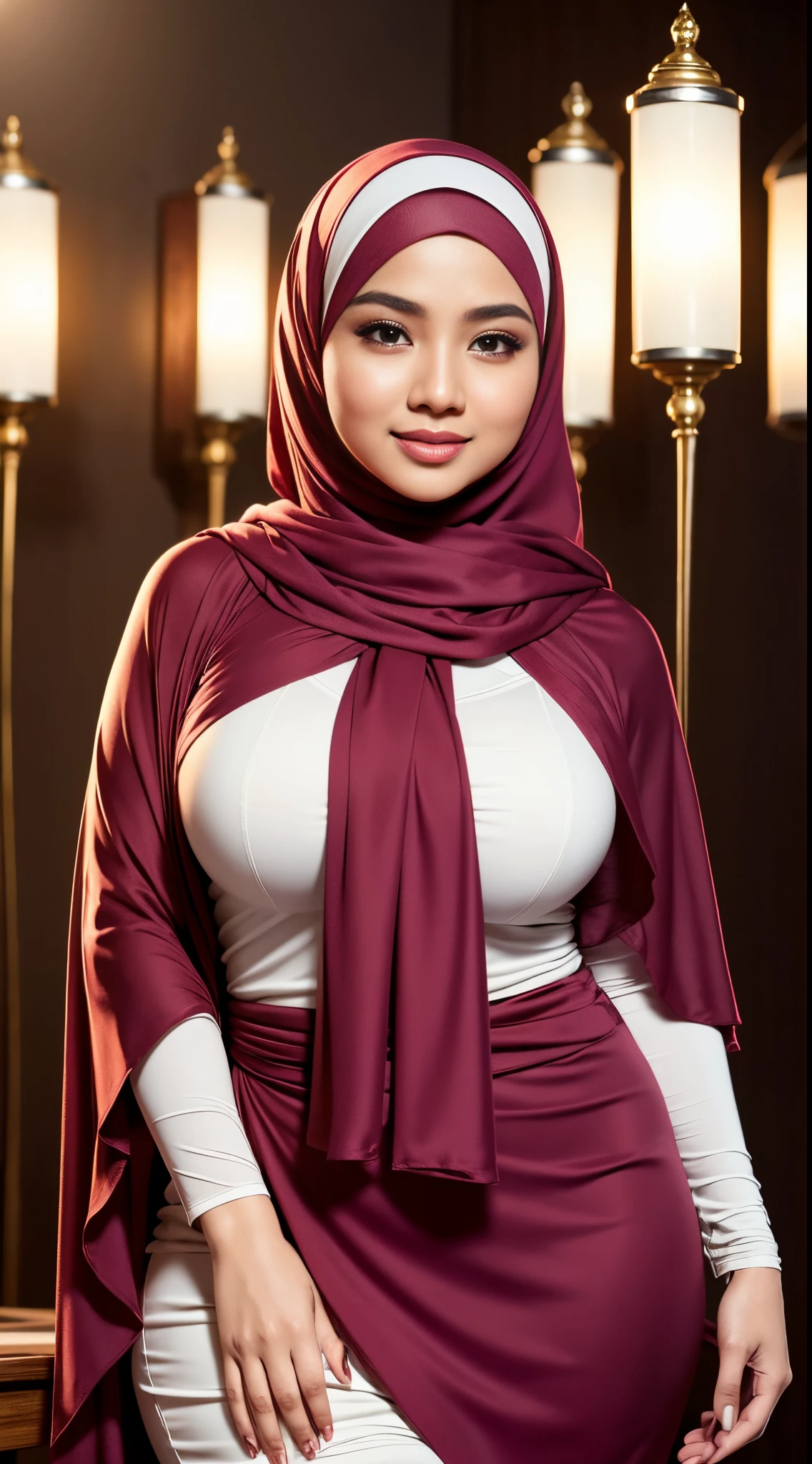 RAW, Best quality, high resolution, masterpiece: 1.3), beautiful Malay woman in hijab (iu:0.8)1beautiful  Malay woman in hijab wearing modern youth Muslim clothing,big breast, modern muslim fashion, flowing shawl, portrait photography, mid shot photo, ultra detail, professional photo with professional lighting, smile, random background, sexy seductive pose, curvy ,