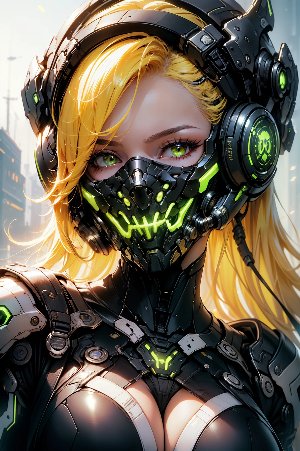 masterpiece, best quality, beautiful detailed hair detailed face, perfect feminine face, (happy:1.2), cyberskull mask, (close-up potrait:1.2), face focus, a beautiful and cute warframe woman and glowing yellow hair, yellow neon lighting, (sci-fi cyberpunk bodysuit), (heavy armor), solo, 1girl, ahoge, side hair, very long hair, shiny skin, shiny foreheads, lens flare, sharp focus, volumetric lighting, trending on artstation, pixiv, by sakimichan, george kamitani, akira yasuda, alphonse mucha, greg rutkowski, gil elvgren, william-adolphe bouguereau