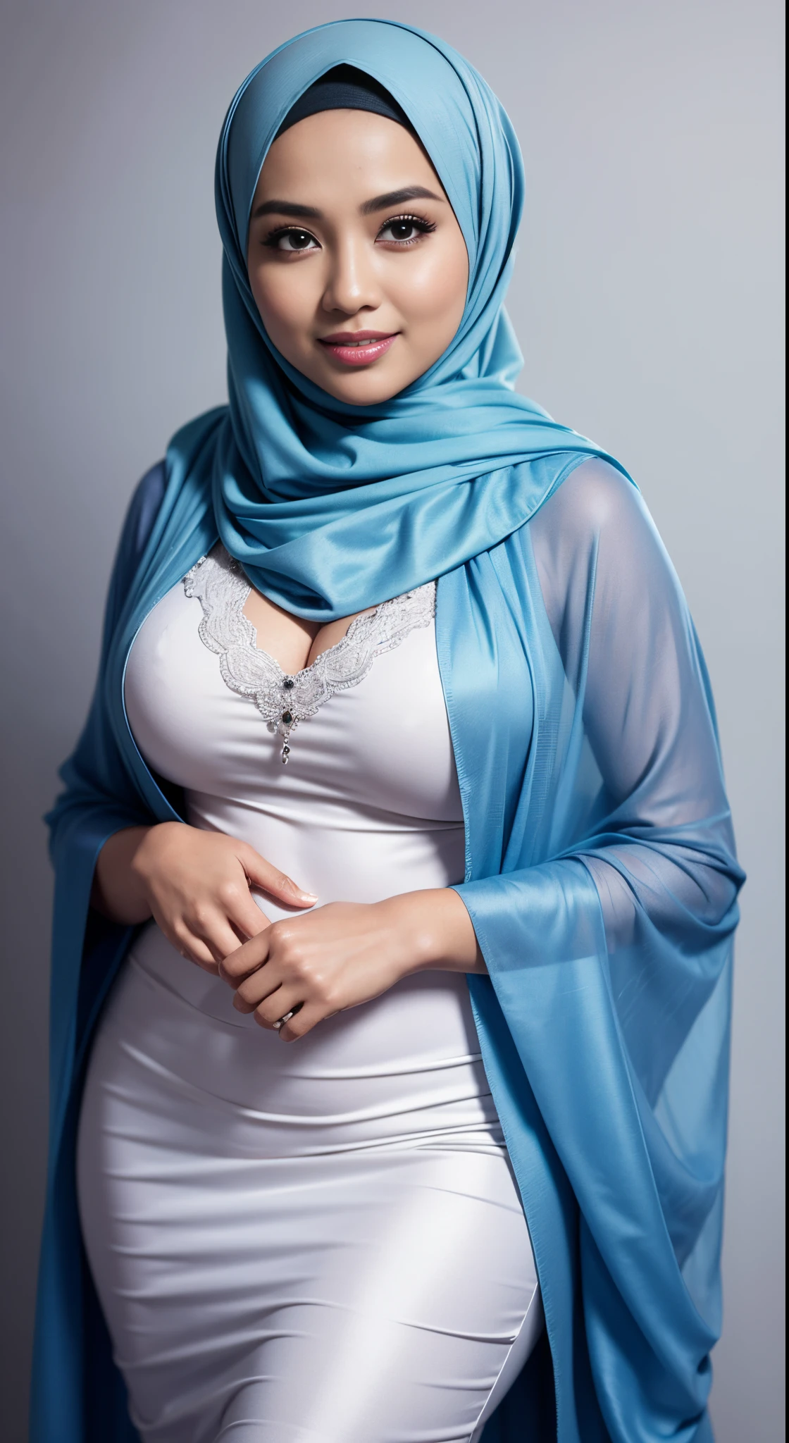 RAW, Best quality, high resolution, masterpiece: 1.3), beautiful Malay woman in hijab (iu:0.8)1beautiful  Malay woman in hijab wearing modern youth Muslim clothing,big breast, modest fashion, flowing shawl, portrait photography, mid shot photo, ultra detail, professional photo with professional lighting, smile, light blue studio random background, sexy seductive pose, curvy ,