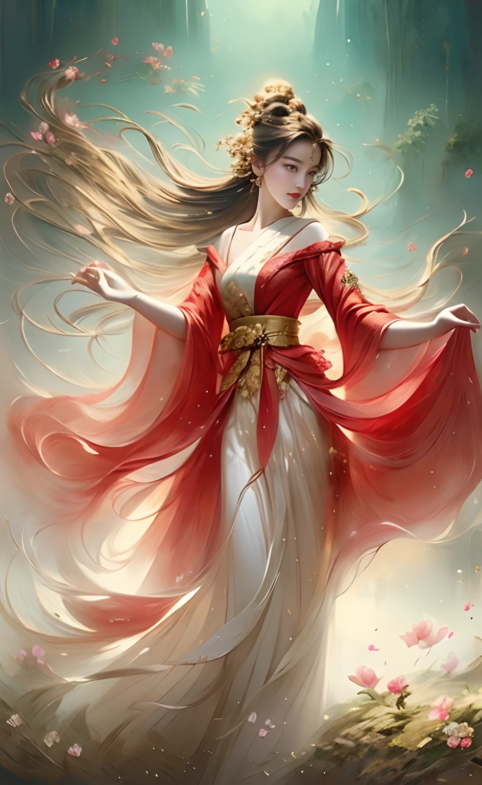 anime girl dancing on the cliff, beautiful digital artwork, a beautiful artwork illustration, palace ， a girl in hanfu, by Yang J, by Li Song, beautiful character painting, by Chen Lin, exquisite digital illustration, by Wang E, trending on artstration, beautiful digital illustration, beautiful art uhd 4 k, holding a wand, spring, the fool , girl in red, new beginning, spring , floral, breeze, full body , dancing, cloud,