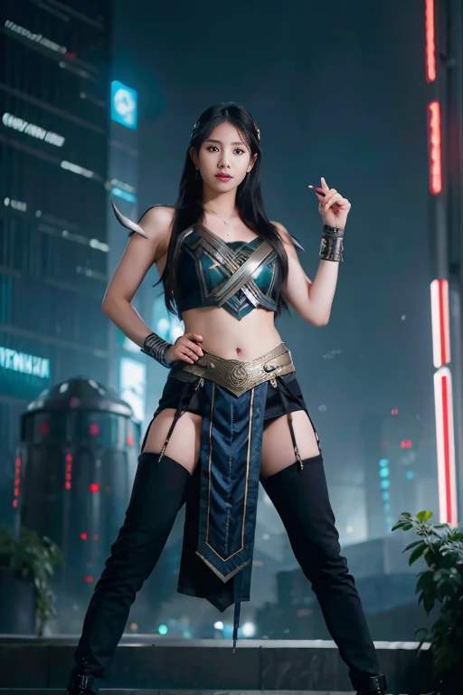 2 wanita cantik asia, mengenakan kostum Thor dan Odin,mit den Waffen von Thor und Loki, berpose diatas gedung, mit einem Asgard-Hintergrund, pakaian cyberpunk. Bilder von realistischem HD 4K