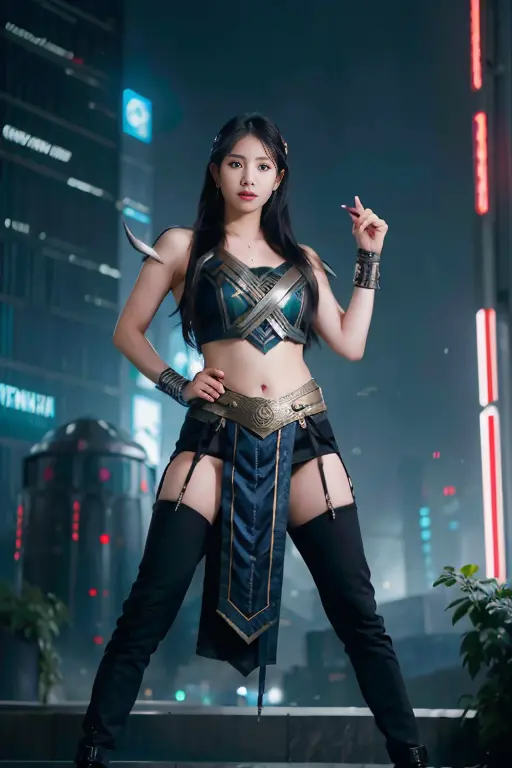 2 wanita cantik asia, mengenakan kostum thor dan odin,memakai senjata thor dan loki, berpose diatas gedung, dengan latar belakan...