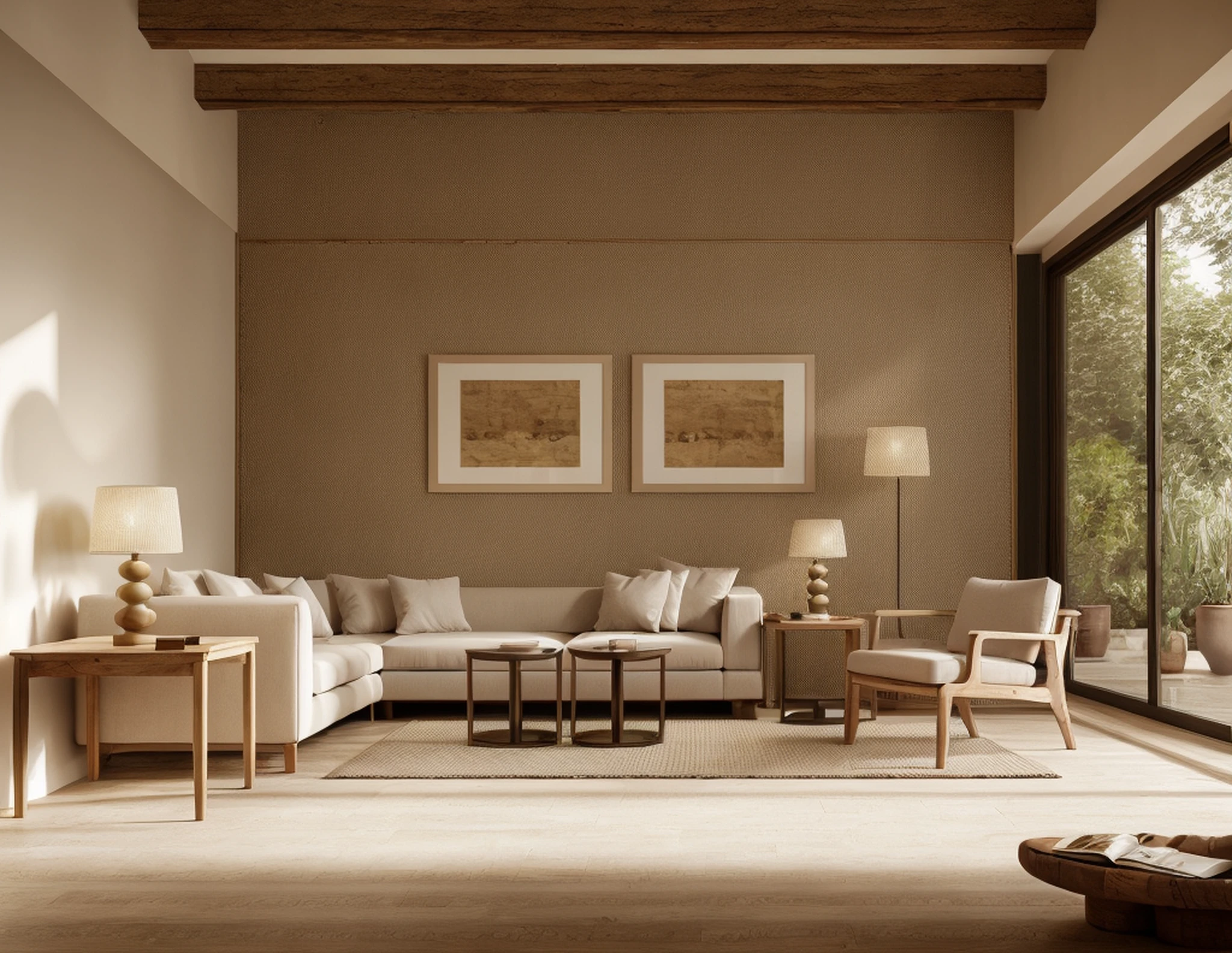 wabi sabi livingroom interior, large glass window, garden outside, dinning table and chair, couch, rough-hewn wood coffee table, twillight, artificial lighting, low contrast, potted plant, picture frame, bookshelf, books, drape