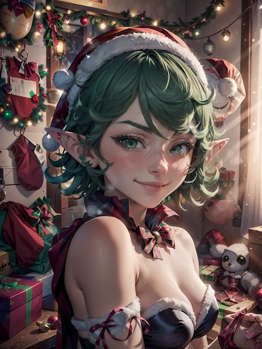 (master piece: 1.1), (tatsumaki), 1girl, mature female, emphasis on face, detailed face, detailed green eyes, (pointy ears), (blushing face), anime character, smiling, (elf costume), christmas clothes, wearing red hat on his head, dynamic green hair, short hair, bedroom, christmas room, christmas tree, blur_background