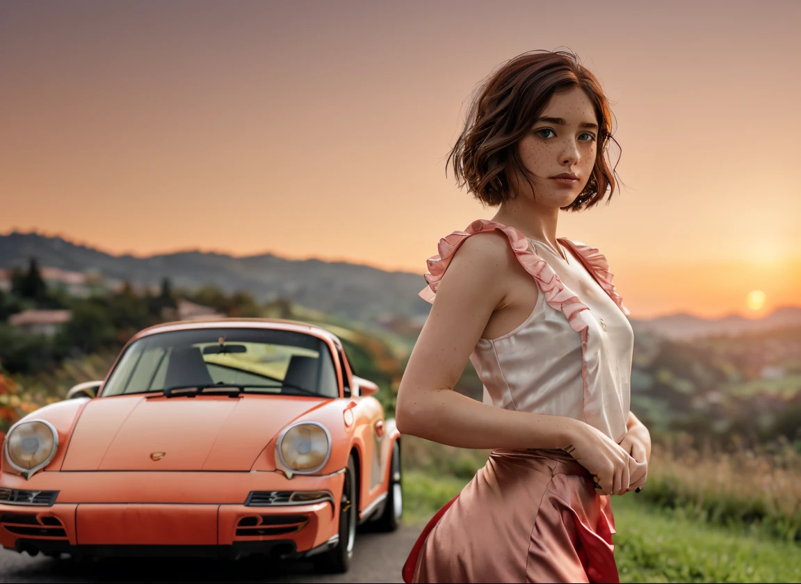 (((réaliste))), (une fille se tient appuyée contre une voiture Porsche rouge pâle vintage:1.79), fille se concentrer, ((Voir à travers la chemise blanche à froufrous:1.3), Tout le corps, (jupe longue en satin rose:1.3), nudité, (en sueur)), (Culotte clignotante:1.2), 25 ans, (Beaux nuages gonflés,  coucher de soleil sky), (coucher de soleil, fond de colline d&#39;automne luxuriant:1.5), (petite poitrine, Mince, corps mince, mamelon gonflé:1.3), (la photographie, réaliste, bokeh, se brouiller), ((coupe bob courte ondulée)), (Lumières CENIMATIC, lumières douces:1.3)