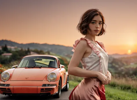 (((realistic))), (a girl stand leaning against front a vintage pale red porsche car:1.79), girl focus, ((see through white frilly shirt:1.3), full body, (pink maxi satin skirt:1.3), nudity, (sweaty)), (flashing panty:1.2), 25 years old, (beautiful puffy cl...