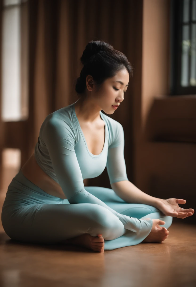 A woman sitting on the floor in a yoga pose - SeaArt AI