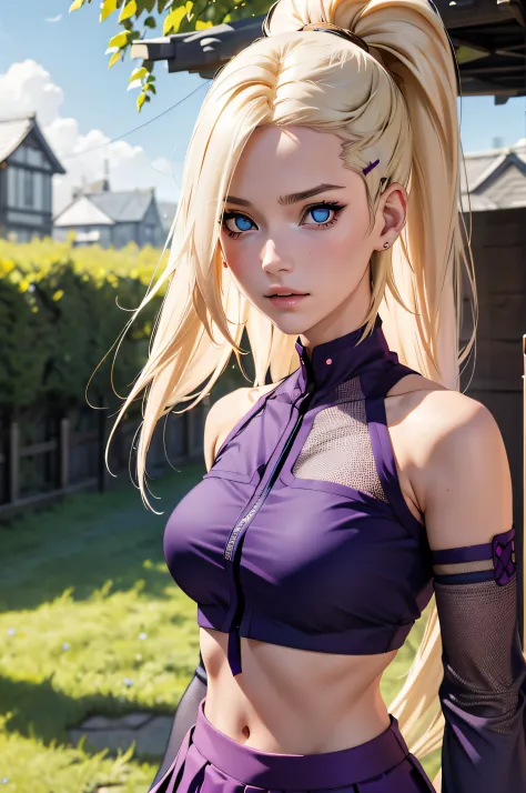 (masterpiece), best quality, expressive eyes, perfect face, 1 girl, solo, yamanaka ino, blonde hair, blue eyes, purple crop top,...