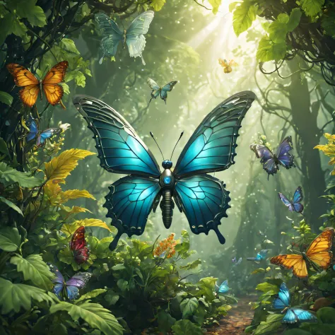 Futuristic ethereal butterfly，Sci-fi butterflies，Futuristic butterflies，Mechanical butterfly，Futuristic jungle background，tmaste...