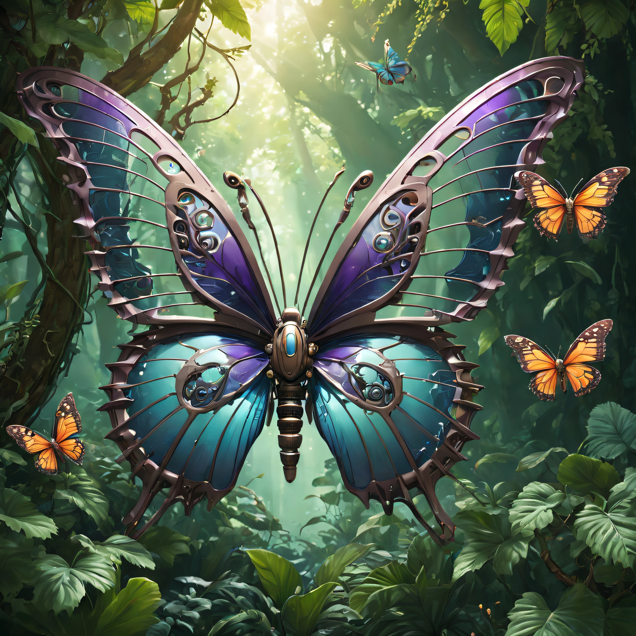 Futuristic ethereal butterfly，Sci-fi butterflies，Futuristic butterflies，Mechanical butterfly，Futuristic jungle background，tmasterpiece，（Very detailed CG unified 8k wallpaper），（Best quality at best），（Best Best Illustration），（The best shadow），The background is a forest theme，With natural elements，flowers in full bloom，warm color palette，surrounded by exquisite leaves and branches，rays of sunshine，（nature elements），（Jungle theme），（leafs），grape trees，butterflys，（exquisite leaves），（particle effect），isometric 3D，Rendered by Octane， Ray traching，ultra - detailed