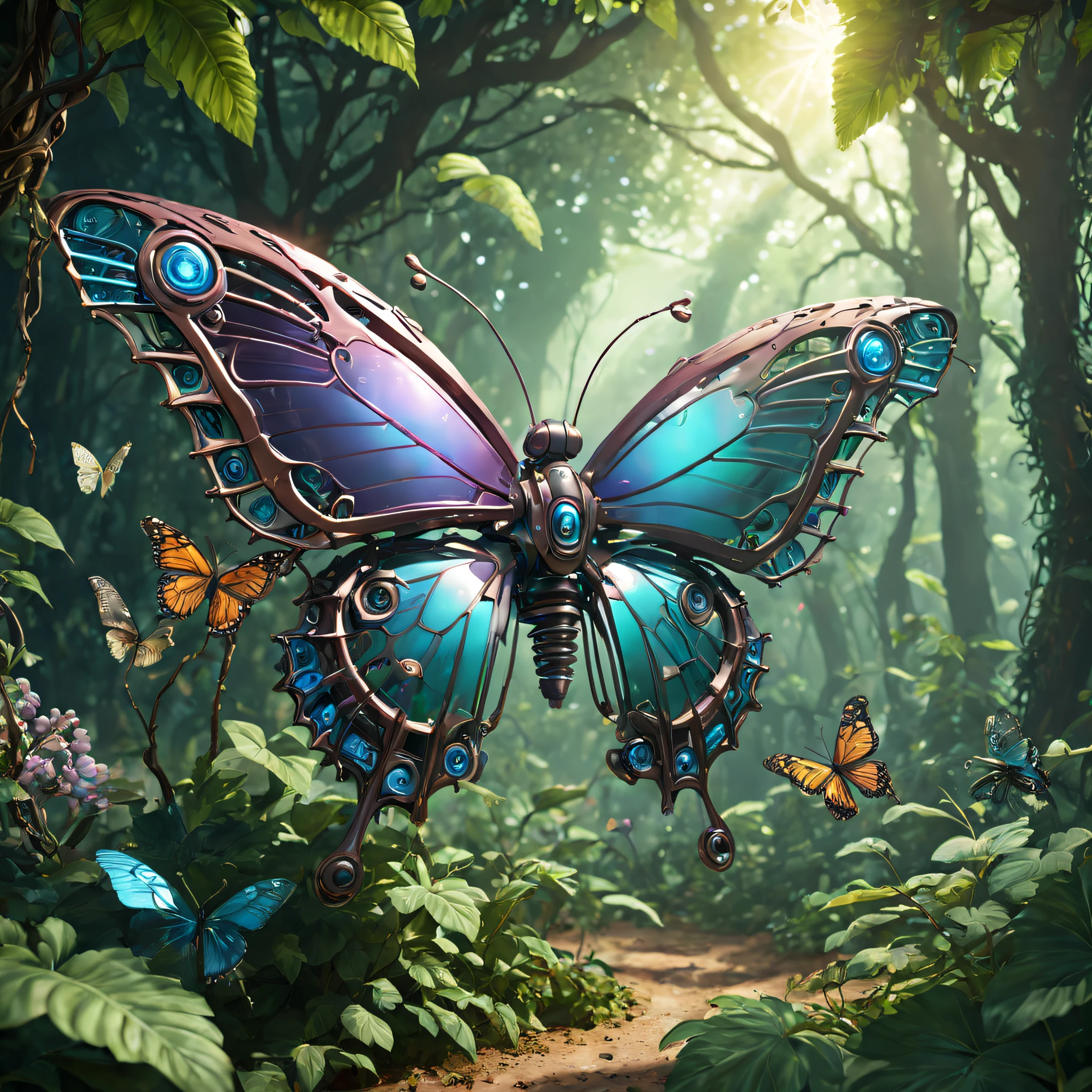 Futuristic ethereal butterfly，Sci-fi butterflies，Futuristic butterflies，Mechanical butterfly，Futuristic jungle background，tmasterpiece，（Very detailed CG unified 8k wallpaper），（Best quality at best），（Best Best Illustration），（The best shadow），The background is a forest theme，With natural elements，flowers in full bloom，warm color palette，surrounded by exquisite leaves and branches，rays of sunshine，（nature elements），（Jungle theme），（leafs），grape trees，butterflys，（exquisite leaves），（particle effect），isometric 3D，Rendered by Octane， Ray traching，ultra - detailed