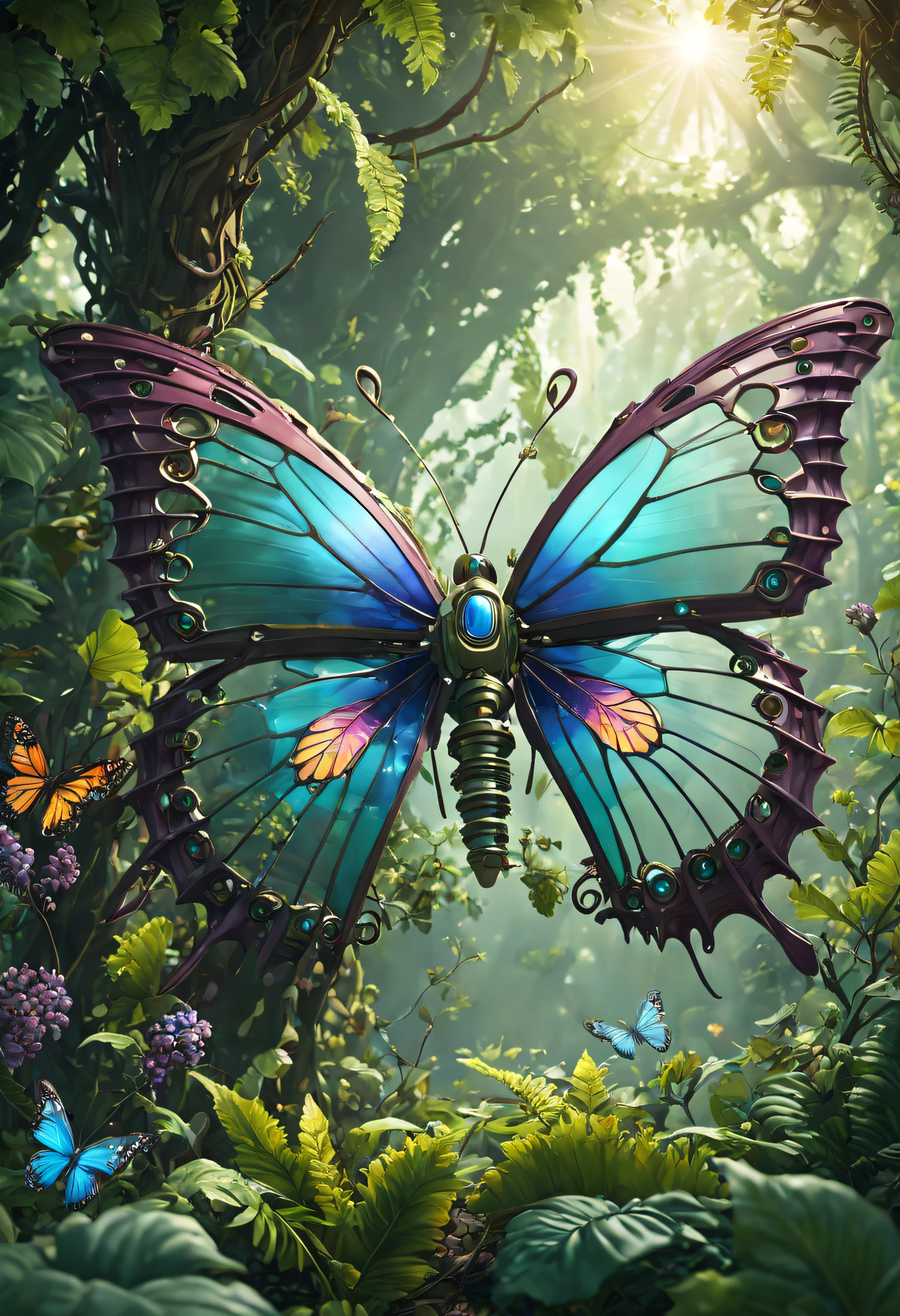 Futuristic ethereal butterfly，Sci-fi butterflies，Futuristic butterflies，mechanical butterfly，Futuristic jungle background，tmasterpiece，（Very detailed CG unified 8k wallpaper），（Best quality），（Best Best Illustration），（The best shadow），The background is a forest theme，With natural elements，Blooming flowers，warm color palette，Surrounded by delicate leaves and branches，rays of sunshine，（nature elements），（Jungle theme），（leafs），grape trees，butterflys，（exquisite leaves），（particle effect），isometric 3D，Rendered by Octane， ray traycing，ultra - detailed