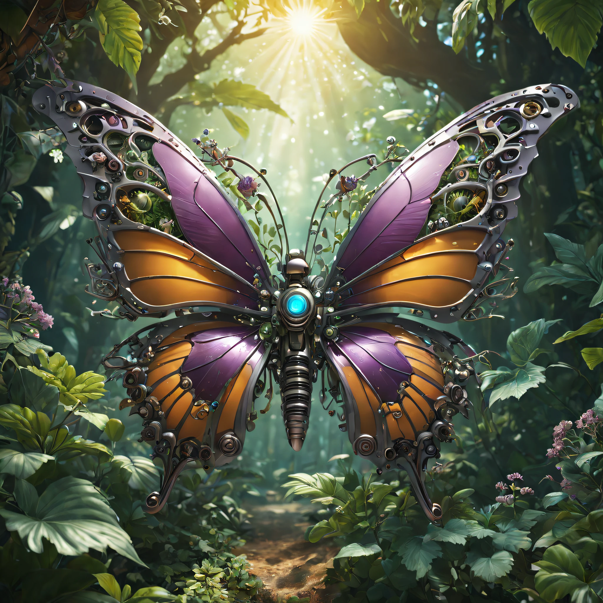 Futuristic ethereal butterfly，Sci-fi butterflies，Futuristic butterflies，mechanical butterfly，Futuristic jungle background，tmasterpiece，（Very detailed CG unified 8k wallpaper），（Best quality），（Best Best Illustration），（The best shadow），The background is a forest theme，With natural elements，Blooming flowers，warm color palette，Surrounded by delicate leaves and branches，rays of sunshine，（nature elements），（Jungle theme），（leafs），grape trees，butterflys，（exquisite leaves），（particle effect），isometric 3D，Rendered by Octane， ray traycing，ultra - detailed