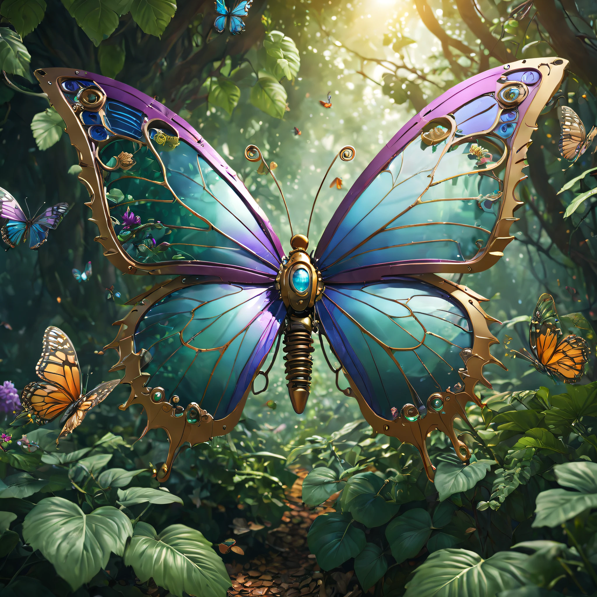 Futuristic ethereal butterfly，Sci-fi butterflies，Futuristic butterflies，mechanical butterfly，Futuristic jungle background，tmasterpiece，（Very detailed CG unified 8k wallpaper），（Best quality），（Best Best Illustration），（The best shadow），The background is a forest theme，With natural elements，Blooming flowers，warm color palette，Surrounded by delicate leaves and branches，rays of sunshine，（nature elements），（Jungle theme），（leafs），grape trees，butterflys，（exquisite leaves），（particle effect），isometric 3D，Rendered by Octane， ray traycing，ultra - detailed