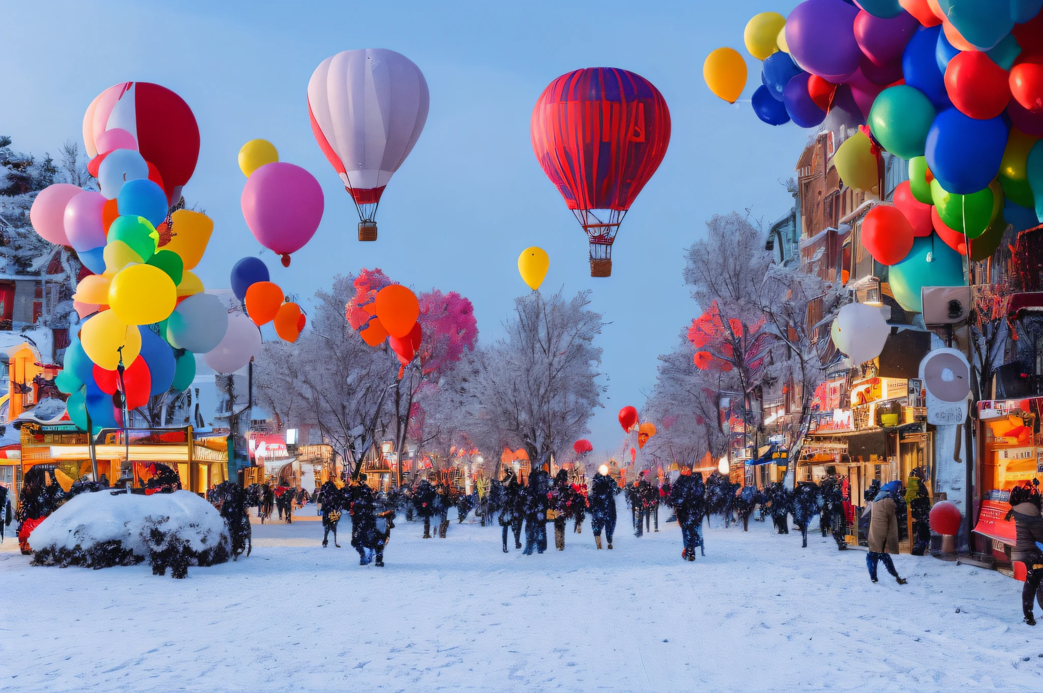 Beautiful, ​masterpiece, Beautiful digital art, colourfull, Beautiful colors, Urban cityscape, Winter scenery, It's snowing a little, snow piling up in the city, There&#39;s a rainbow in the sky, blimp, Christmas Eve, balloons, Smiling person々, carnival day, busy, A lively city, vivid art